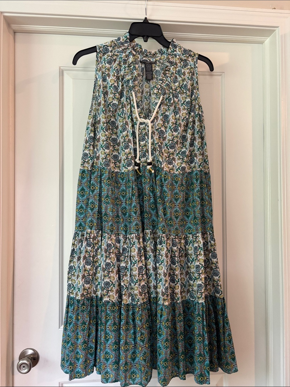 Chelsea & Theodore Teal, White, Olive Floral Tiered Dress